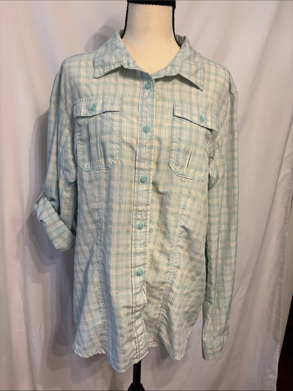 Duluth Trading Co Light Mint Plaid Button-Up Hiking Outdoor Lightweight Shirt XL
